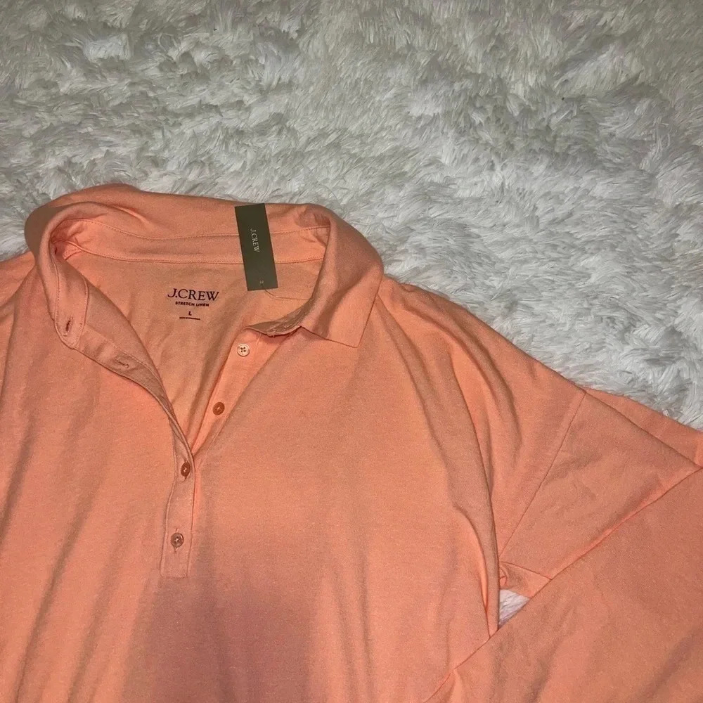 Nwt J. Crew Stretch Linen Orange Polo Style Long Sleeve Shirt Size Large Light